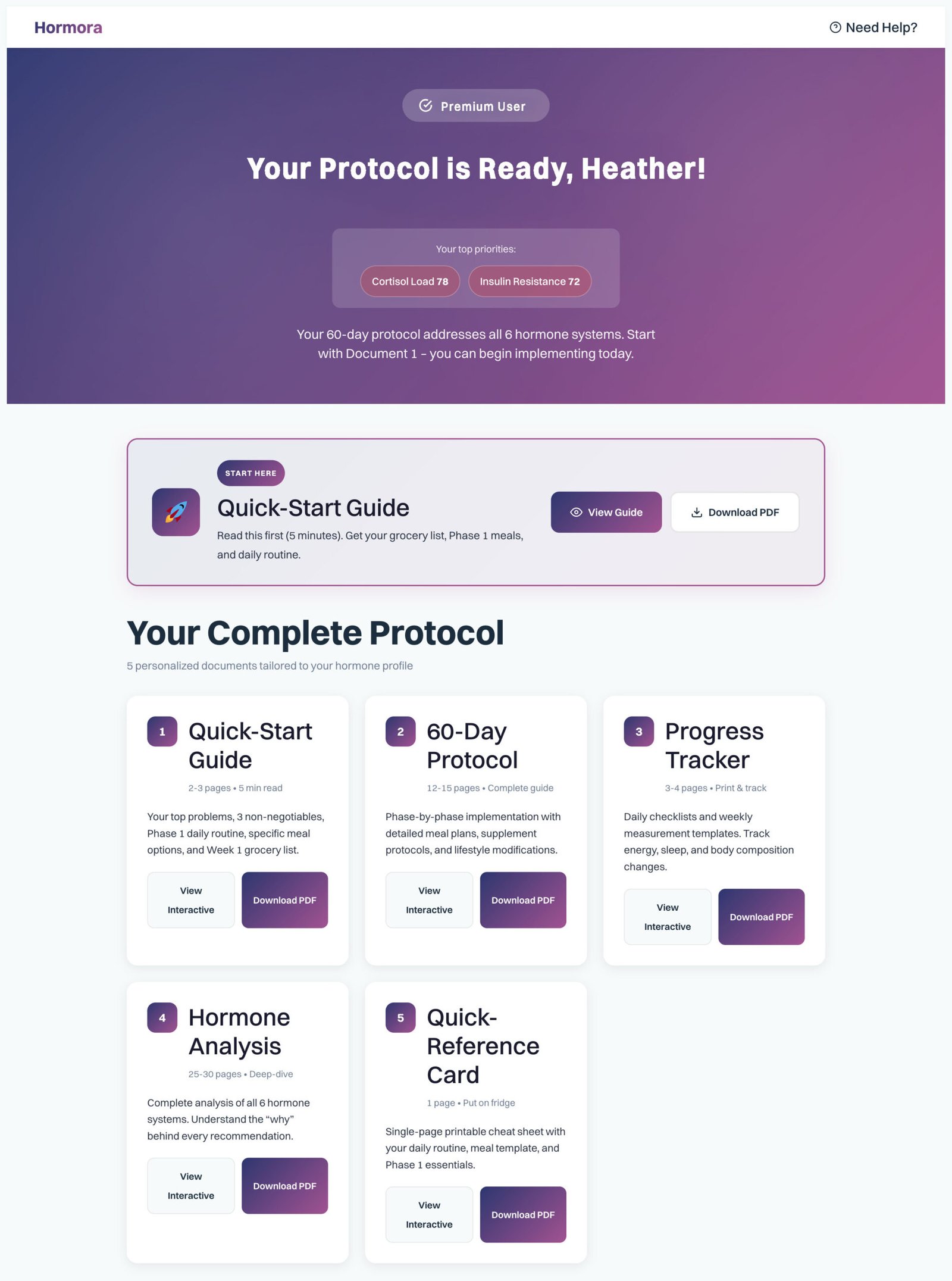 Hormora Dashboard - Your personalized hormone protocol with all 5 documents ready to access