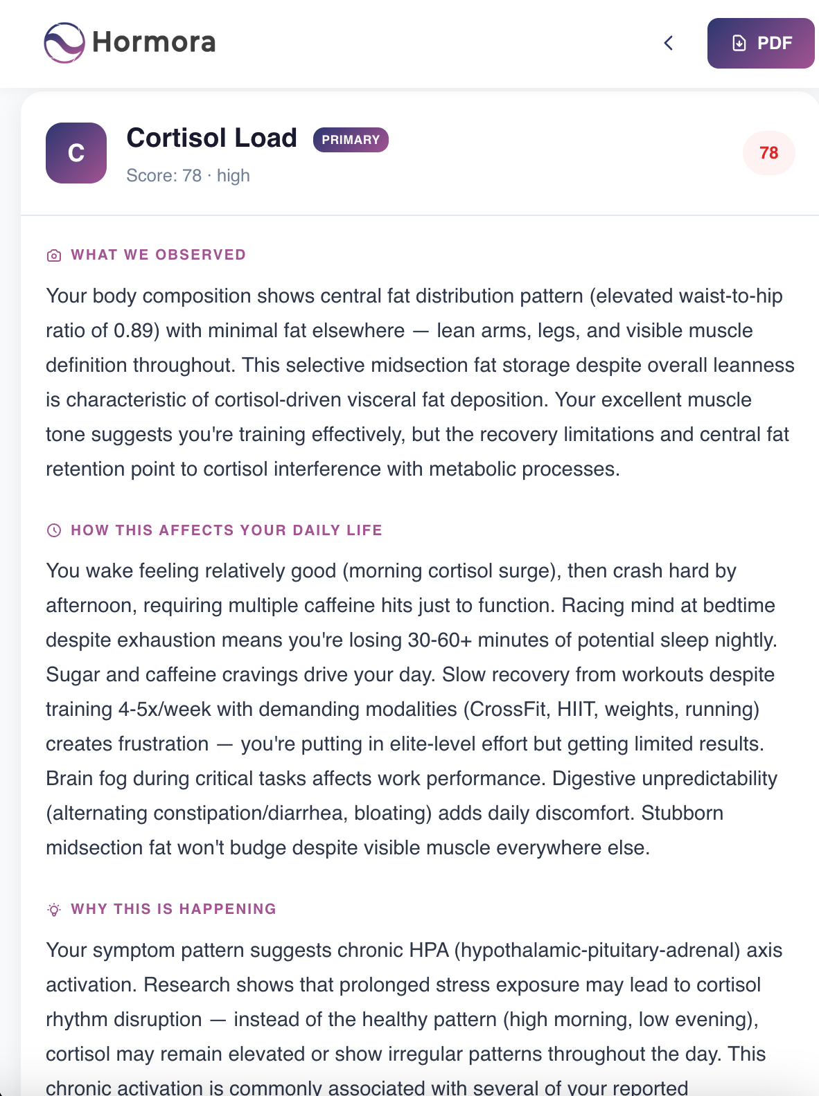 Hormora cortisol analysis explaining the primary pattern and what is driving it